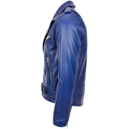 Mens Heavy Duty Leather Biker Brando Jacket Kyle Blue - genuine leather jacket in blue with biker