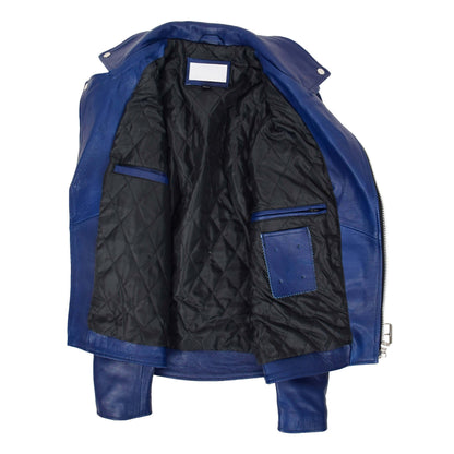 Mens Heavy Duty Leather Biker Brando Jacket Kyle Blue - genuine leather jacket in blue with four outer pockets