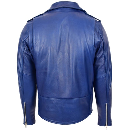 Mens Heavy Duty Leather Biker Brando Jacket Kyle Blue - genuine leather jacket in blue with biker
