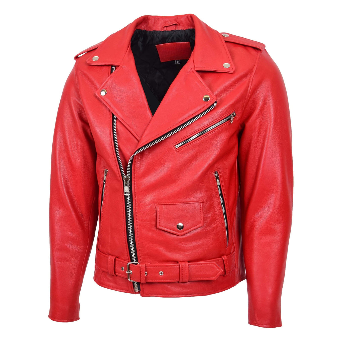 Mens Heavy Duty Leather Biker Brando Jacket Kyle Red - genuine leather jacket in red with four outer pockets