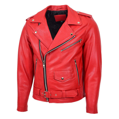 Mens Heavy Duty Leather Biker Brando Jacket Kyle Red - genuine leather jacket in red with four outer pockets