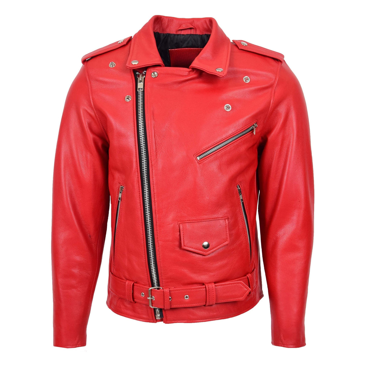 Mens Heavy Duty Leather Biker Brando Jacket Kyle Red - genuine leather jacket in red with four outer pockets