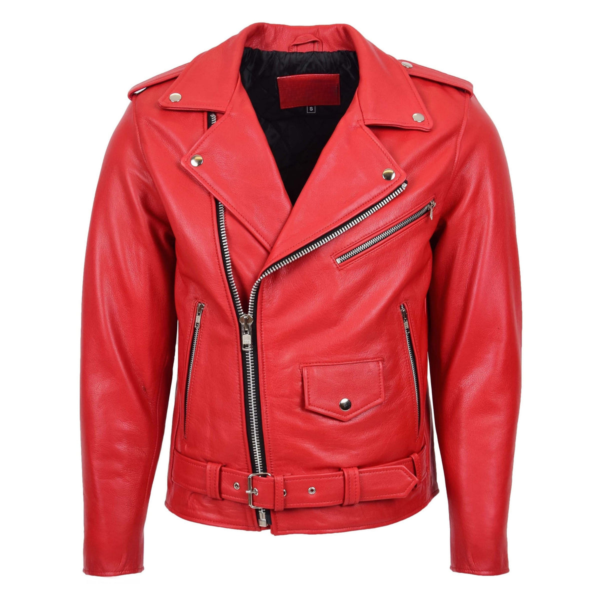 Mens Heavy Duty Leather Biker Brando Jacket Kyle Red - genuine leather jacket in red with biker