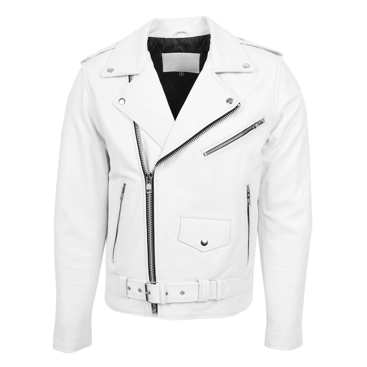Mens Heavy Duty Leather Biker Brando Jacket Kyle White - genuine leather jacket in white with four outer pockets