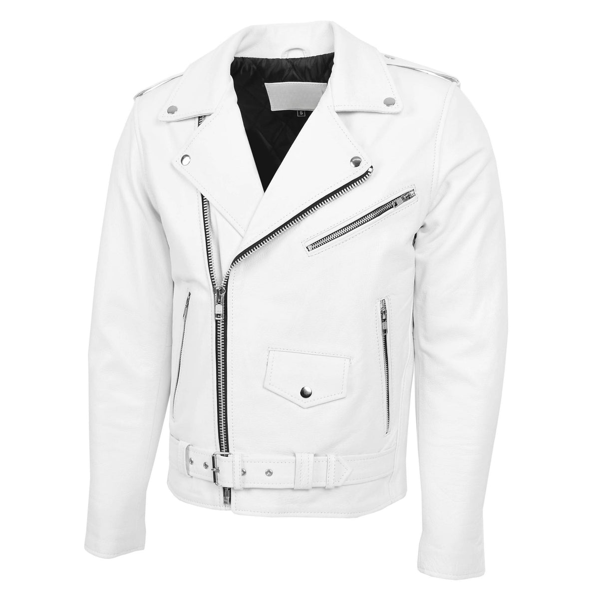 Mens Heavy Duty Leather Biker Brando Jacket Kyle White - genuine leather jacket in white with biker