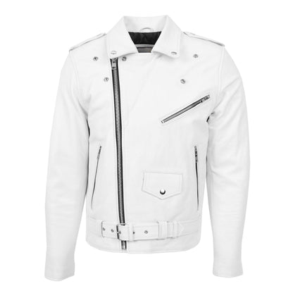 Mens Heavy Duty Leather Biker Brando Jacket Kyle White - genuine leather jacket in white with four outer pockets