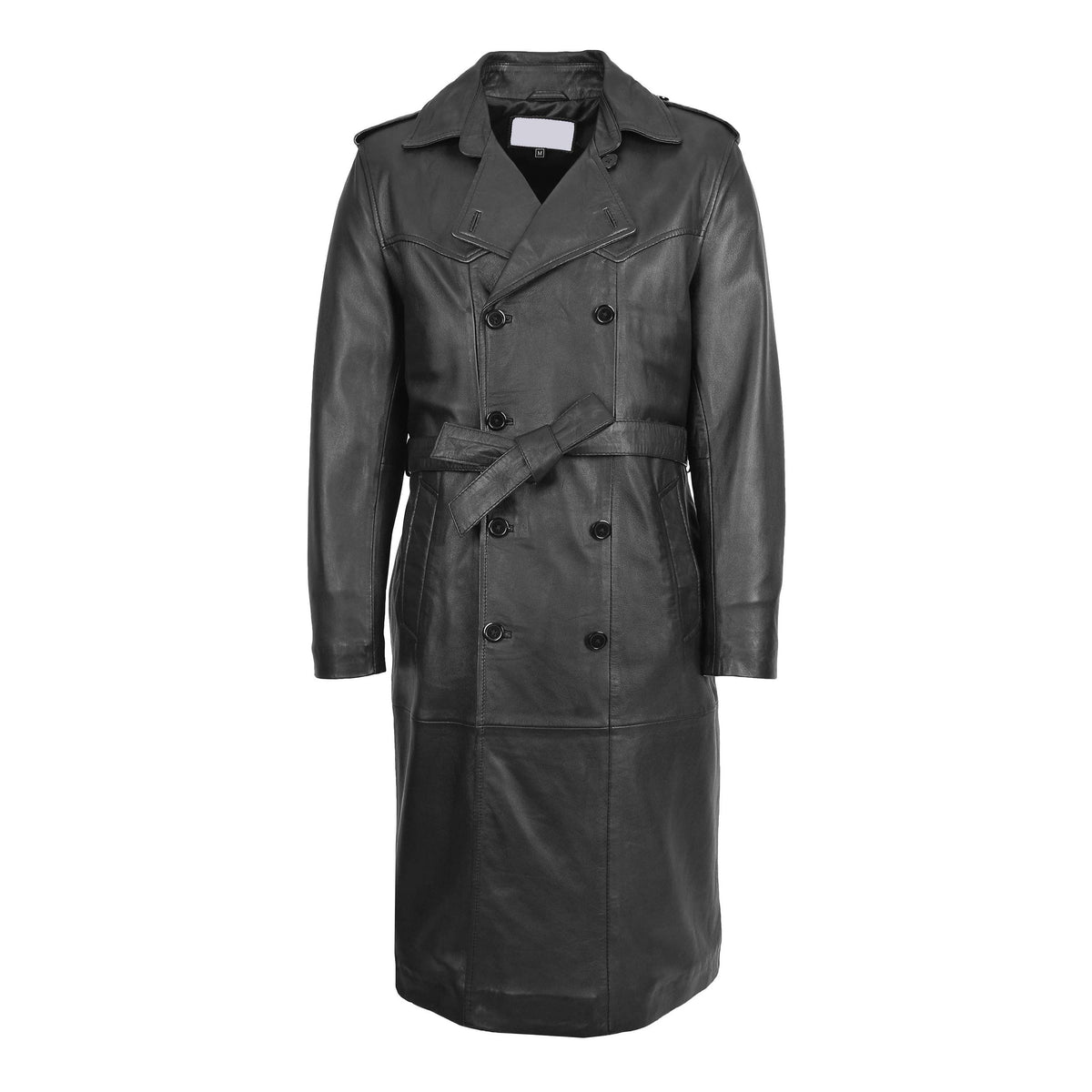 Mens Leather 3/4 Length Double Breasted Coat Travis Black - genuine leather coat in black with two outer pockets