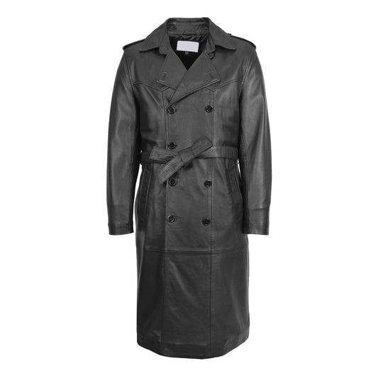Mens Leather 3/4 Length Double Breasted Coat Travis Black - genuine leather coat in black with two outer pockets
