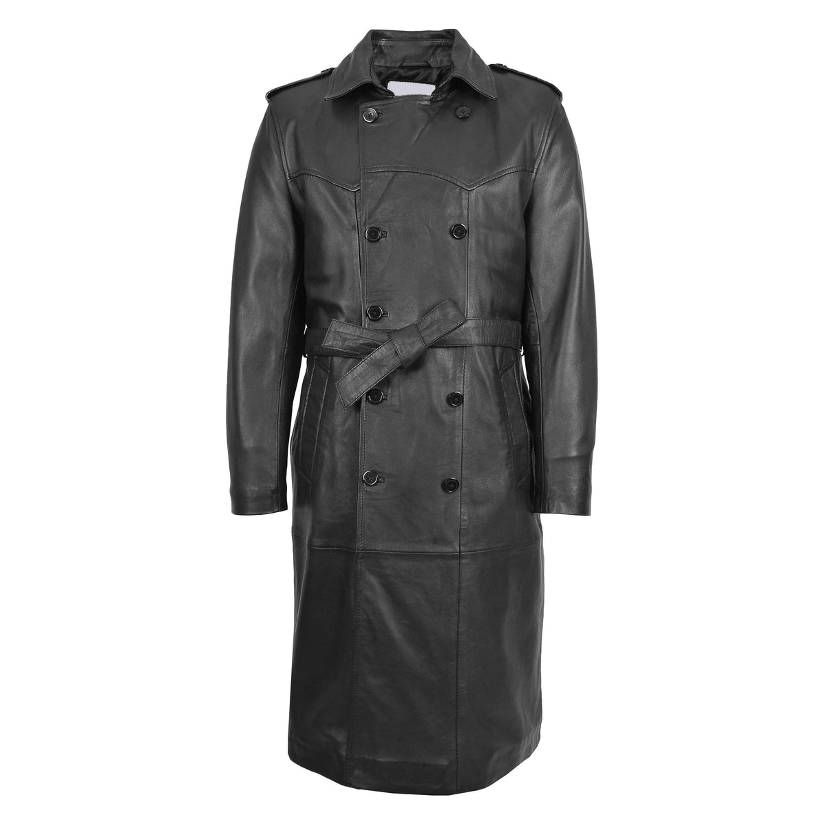 Mens Leather 3/4 Length Double Breasted Coat Travis Black - genuine leather coat in black with double breasted