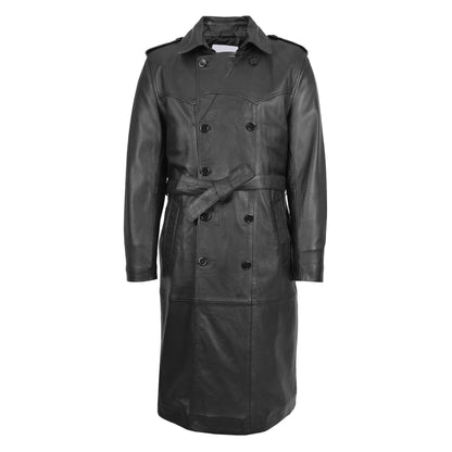 Mens Leather 3/4 Length Double Breasted Coat Travis Black - genuine leather coat in black with double breasted