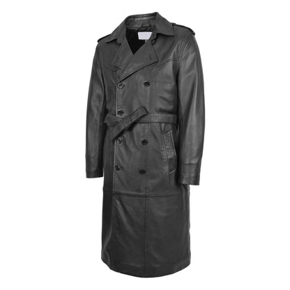 Mens Leather 3/4 Length Double Breasted Coat Travis Black - genuine leather coat in black with 3/4 length