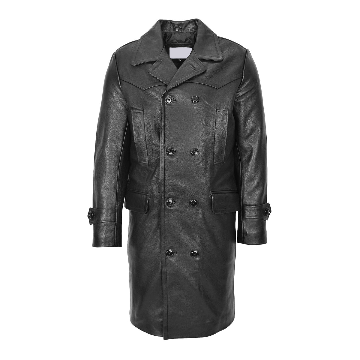 Mens Leather 3/4 Length Greatcoat Submarine Black - genuine leather coat in black with four outer pockets