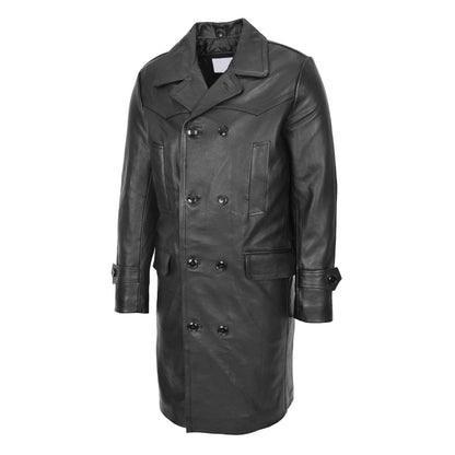 Mens Leather 3/4 Length Greatcoat Submarine Black - genuine leather coat in black with 3/4 length