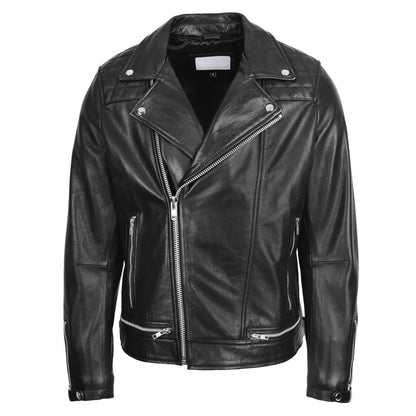 Mens Leather Biker Brando Design Jacket Sean Black - genuine leather jacket in black with four outer pockets