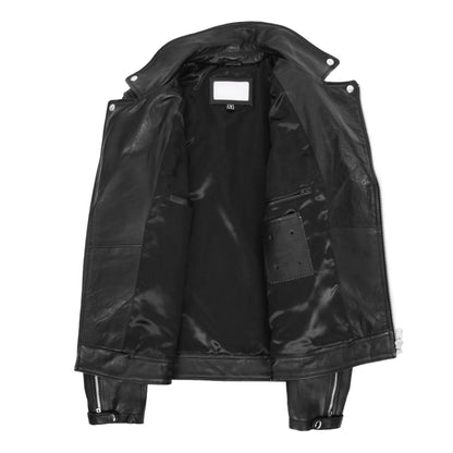Mens Leather Biker Brando Design Jacket Sean Black - genuine leather jacket in black with four outer pockets
