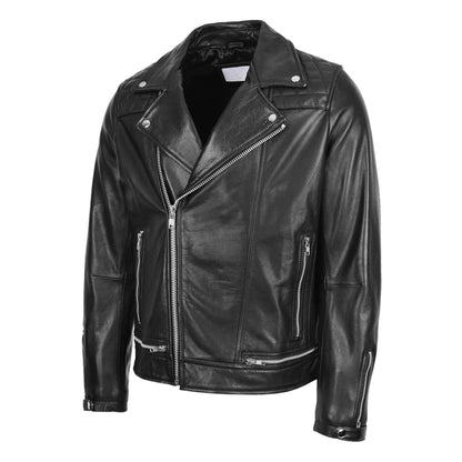 Mens Leather Biker Brando Design Jacket Sean Black - genuine leather jacket in black with four outer pockets