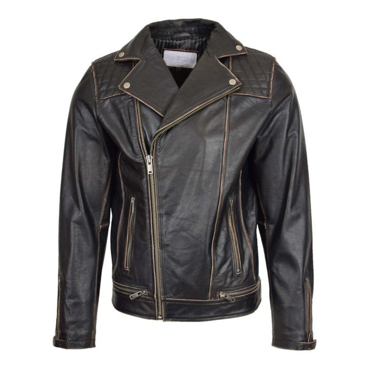 Mens Leather Biker Brando Design Jacket Sean Vintage Black - genuine leather jacket in vintage black with four outer pockets