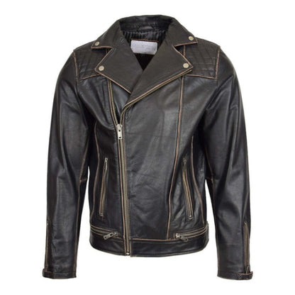 Mens Leather Biker Brando Design Jacket Sean Vintage Black - genuine leather jacket in vintage black with four outer pockets