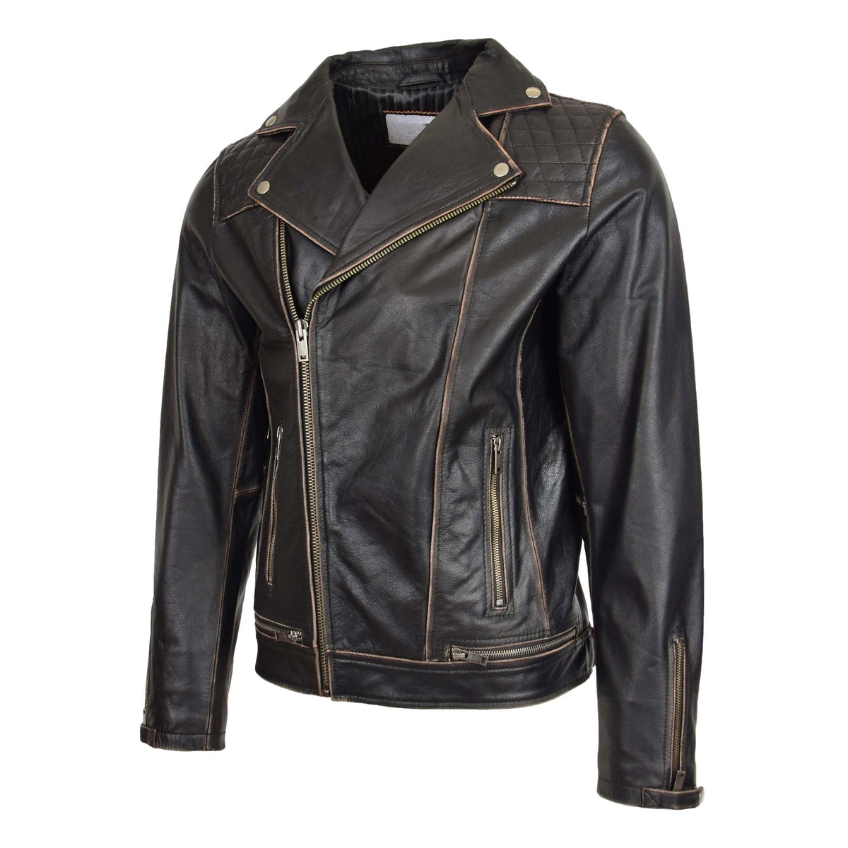 Mens Leather Biker Brando Design Jacket Sean Vintage Black - genuine leather jacket in vintage black with vintage