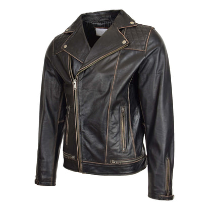 Mens Leather Biker Brando Design Jacket Sean Vintage Black - genuine leather jacket in vintage black with vintage