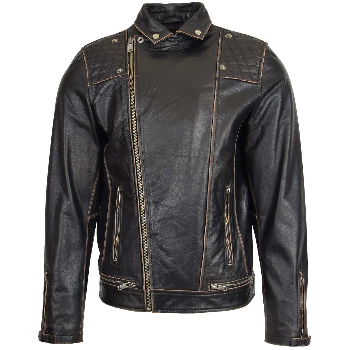 Mens Leather Biker Brando Design Jacket Sean Vintage Black - genuine leather jacket in vintage black with biker