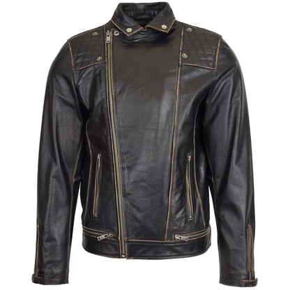 Mens Leather Biker Brando Design Jacket Sean Vintage Black - genuine leather jacket in vintage black with biker