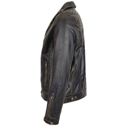 Mens Leather Biker Brando Design Jacket Sean Vintage Black - genuine leather jacket in vintage black with four outer pockets
