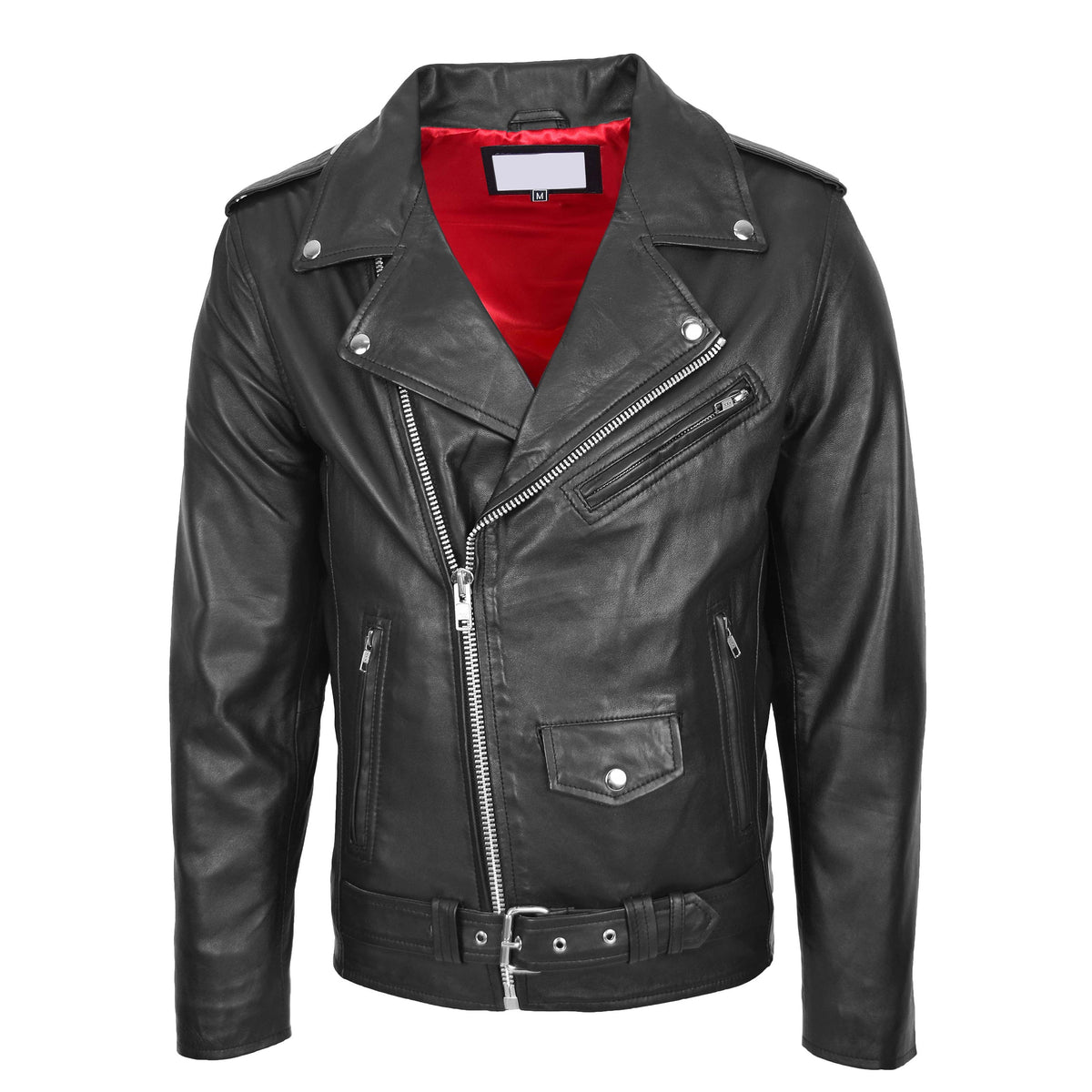 Mens Leather Biker Jacket Brando Style Johnny Black - genuine leather jacket in black with four outer pockets
