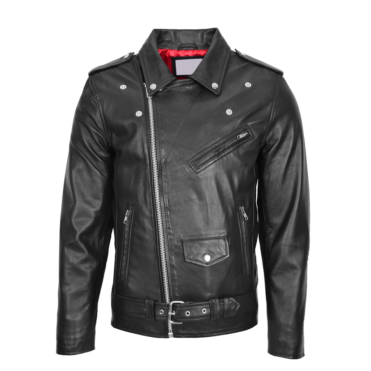 Mens Leather Biker Jacket Brando Style Johnny Black - genuine leather jacket in black with four outer pockets