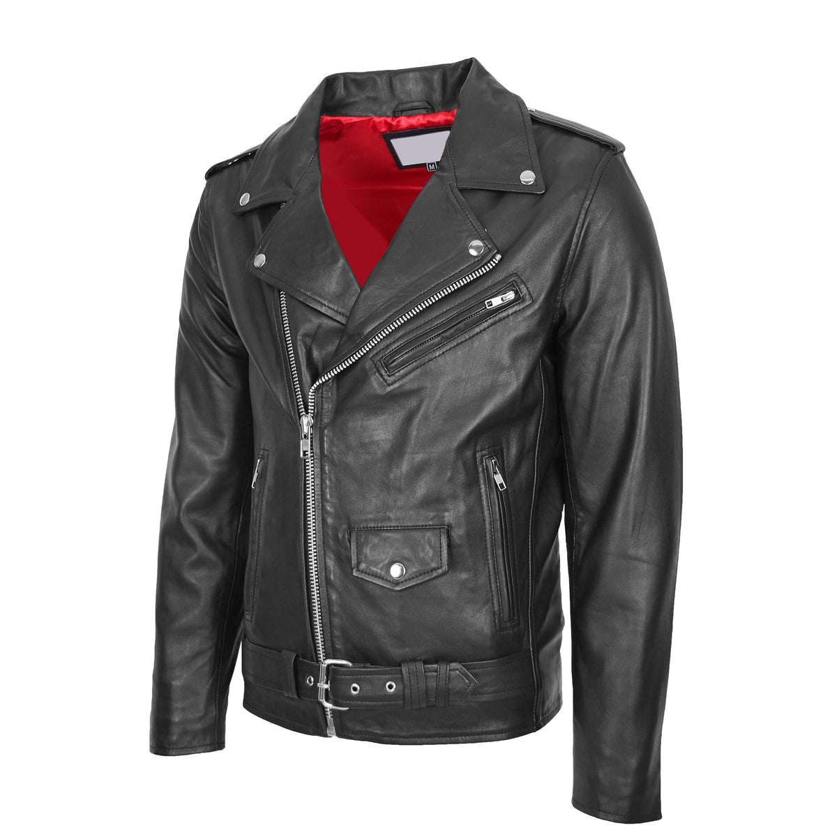 Mens Leather Biker Jacket Brando Style Johnny Black - genuine leather jacket in black with four outer pockets