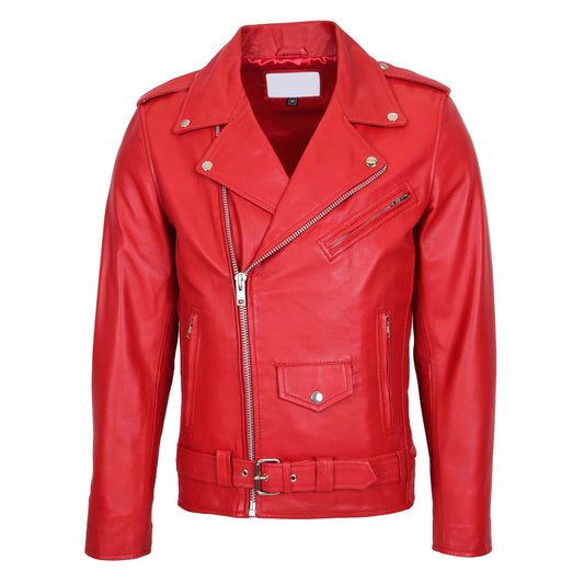 Mens Leather Biker Jacket Brando Style Johnny Red - genuine leather jacket in red with four outer pockets