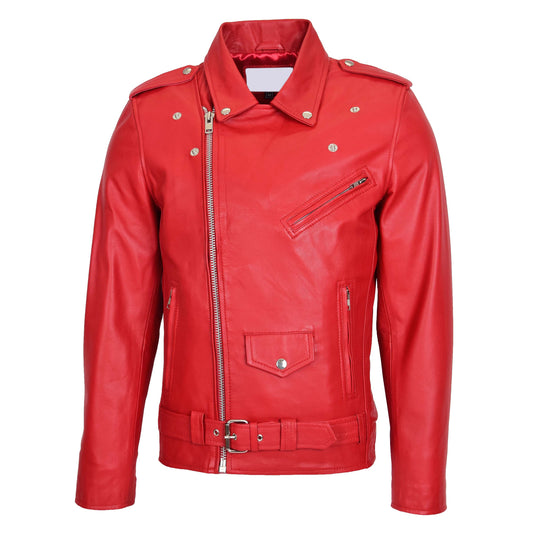 Mens Leather Biker Jacket Brando Style Johnny Red - genuine leather jacket in red with biker