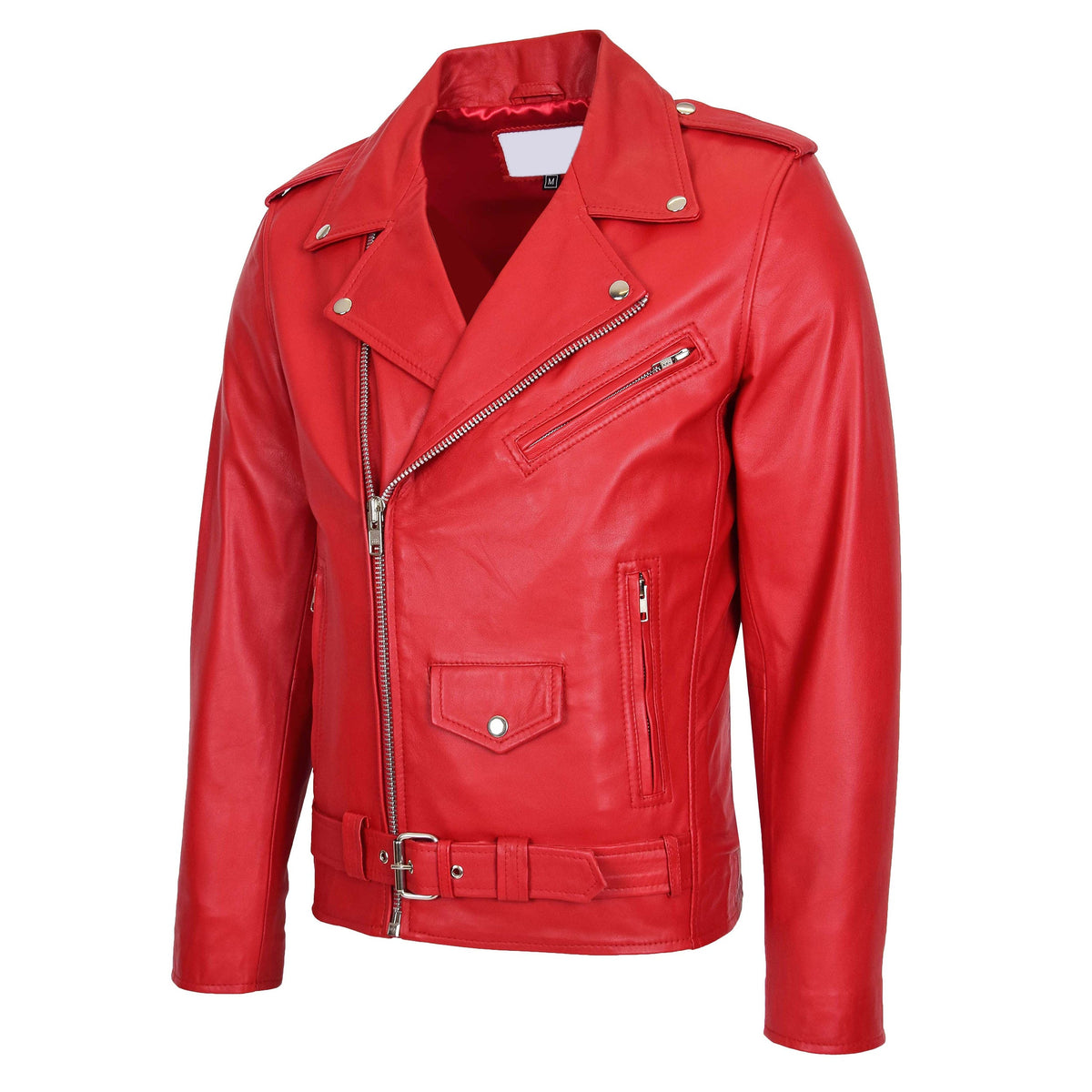 Mens Leather Biker Jacket Brando Style Johnny Red - genuine leather jacket in red with four outer pockets