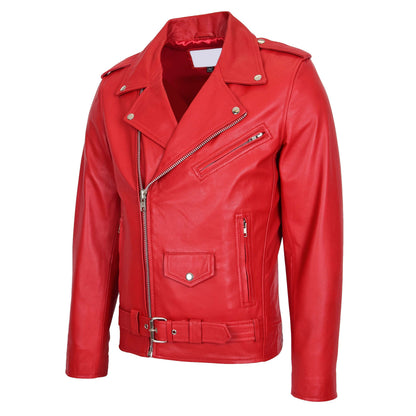 Mens Leather Biker Jacket Brando Style Johnny Red - genuine leather jacket in red with four outer pockets
