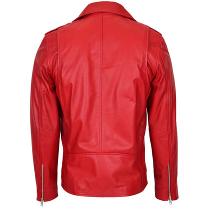 Mens Leather Biker Jacket Brando Style Johnny Red - genuine leather jacket in red with biker