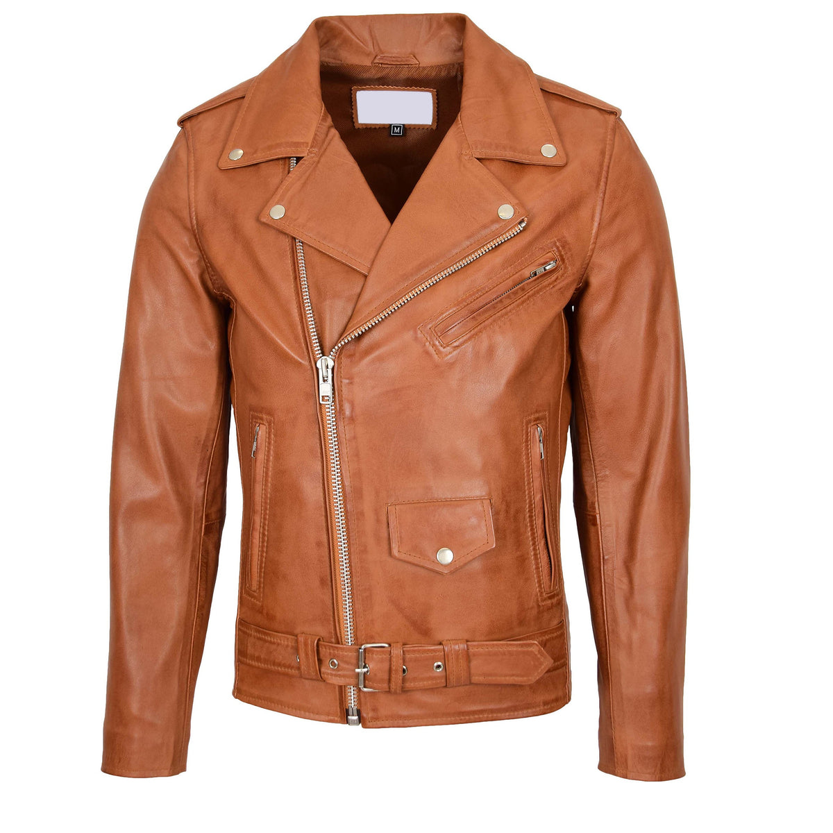 Mens Leather Biker Jacket Brando Style Johnny Tan - genuine leather jacket in tan with four outer pockets