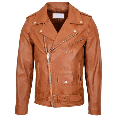 Mens Leather Biker Jacket Brando Style Johnny Tan - genuine leather jacket in tan with four outer pockets