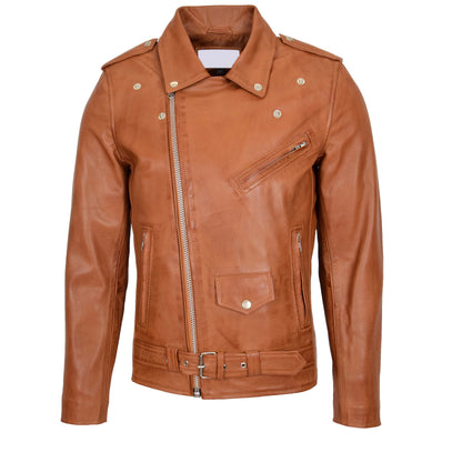 Mens Leather Biker Jacket Brando Style Johnny Tan - genuine leather jacket in tan with biker