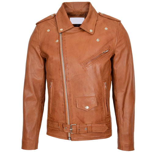 Mens Leather Biker Jacket Brando Style Johnny Tan - genuine leather jacket in tan with biker