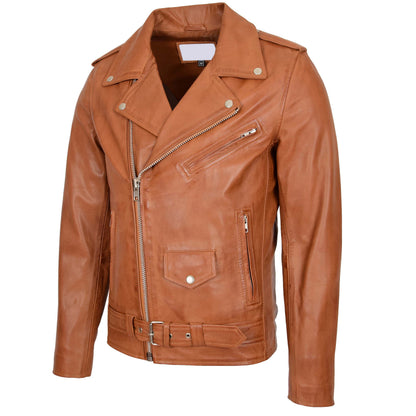 Mens Leather Biker Jacket Brando Style Johnny Tan - genuine leather jacket in tan with four outer pockets