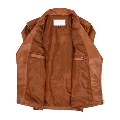 Mens Leather Biker Jacket Brando Style Johnny Tan - genuine leather jacket in tan with four outer pockets