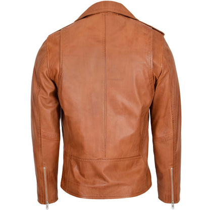 Mens Leather Biker Jacket Brando Style Johnny Tan - genuine leather jacket in tan with biker