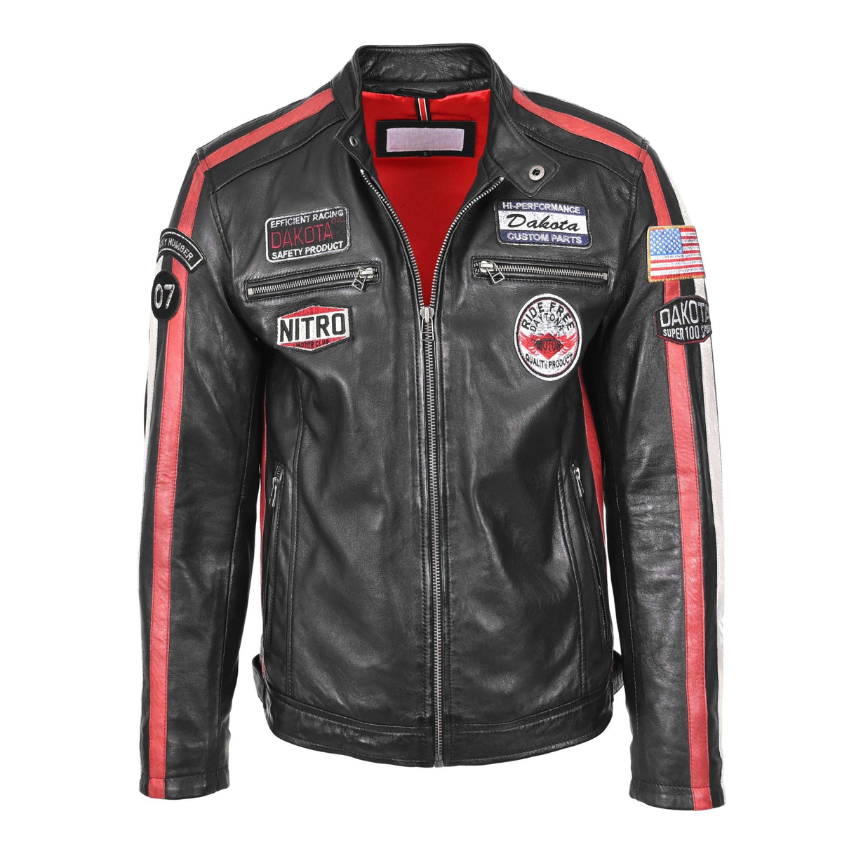 Mens Leather Biker Jacket Motorsport Logos Bobby Black - genuine leather jacket in black with four outer pockets