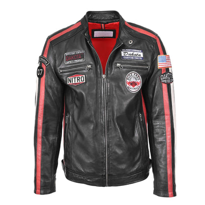 Mens Leather Biker Jacket Motorsport Logos Bobby Black - genuine leather jacket in black with four outer pockets