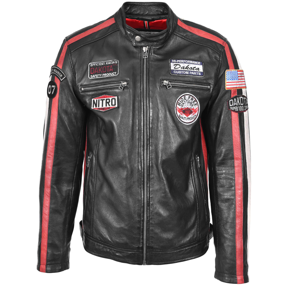 Mens Leather Biker Jacket Motorsport Logos Bobby Black - genuine leather jacket in black with biker