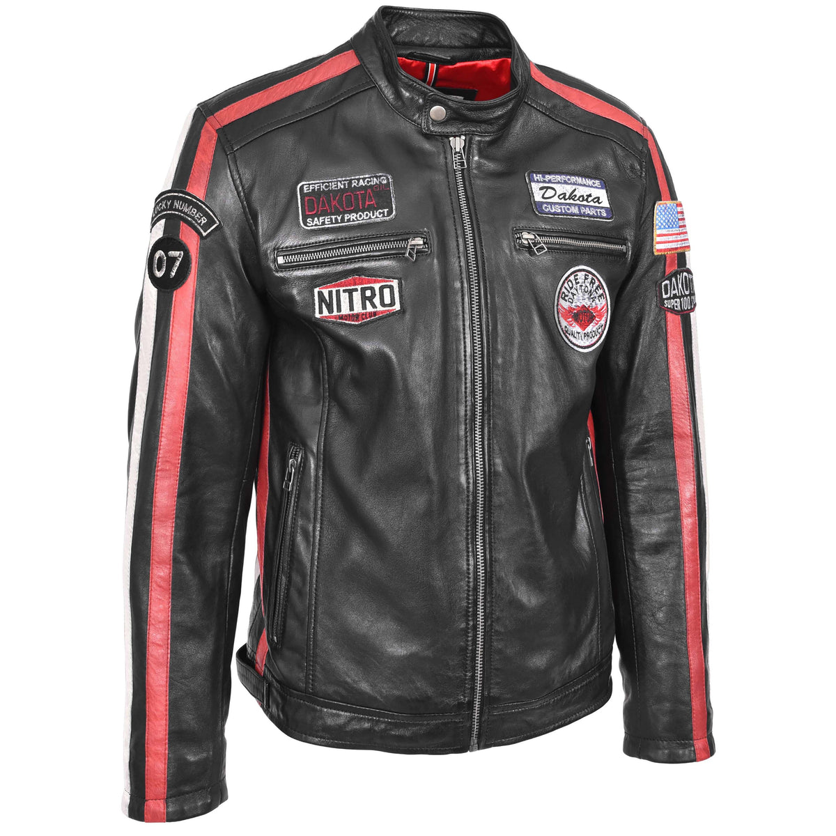 Mens Leather Biker Jacket Motorsport Logos Bobby Black - genuine leather jacket in black with four outer pockets