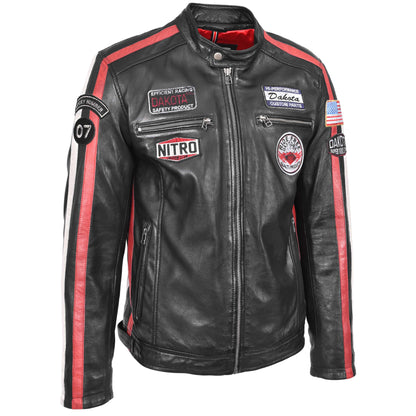 Mens Leather Biker Jacket Motorsport Logos Bobby Black - genuine leather jacket in black with four outer pockets