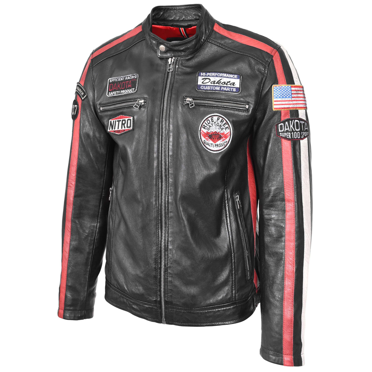 Mens Leather Biker Jacket Motorsport Logos Bobby Black - genuine leather jacket in black with biker