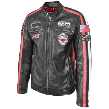 Mens Leather Biker Jacket Motorsport Logos Bobby Black - genuine leather jacket in black with biker