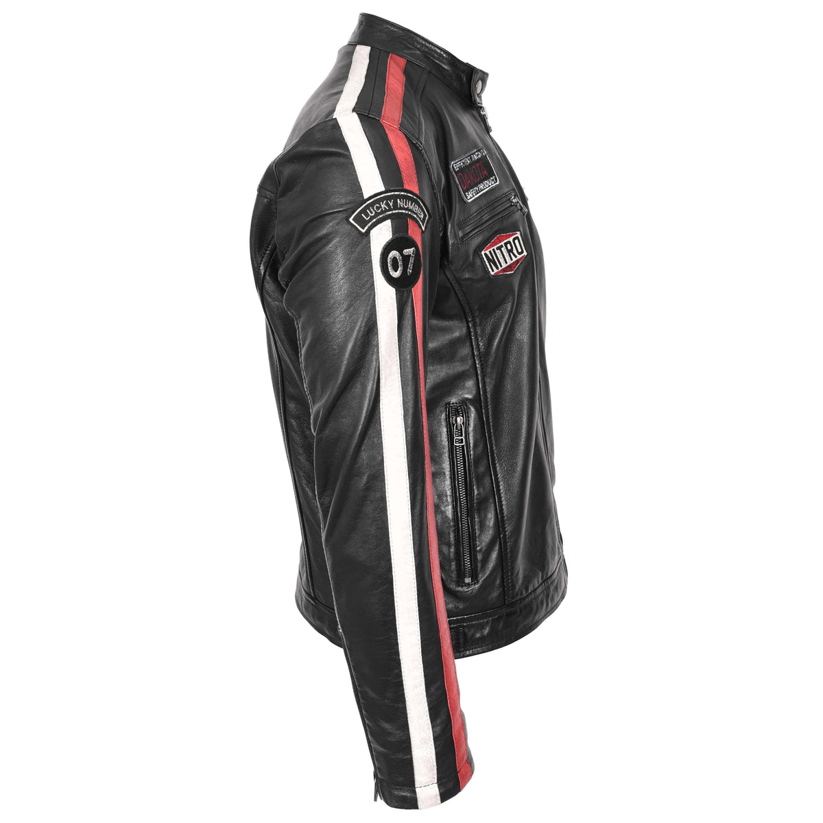 Mens Leather Biker Jacket Motorsport Logos Bobby Black - genuine leather jacket in black with four outer pockets